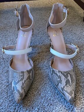New York & Company Neutral Snake-Print Pointed-Toe Ankle-Strap Pumps